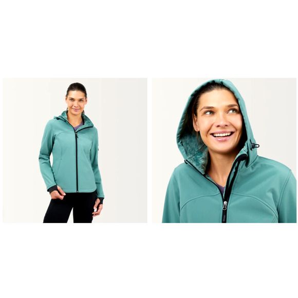 Free Country Women's Petite Medium Softshell Jacket Aqua Hooded Zip Fleece Lined - Picture 1 of 7